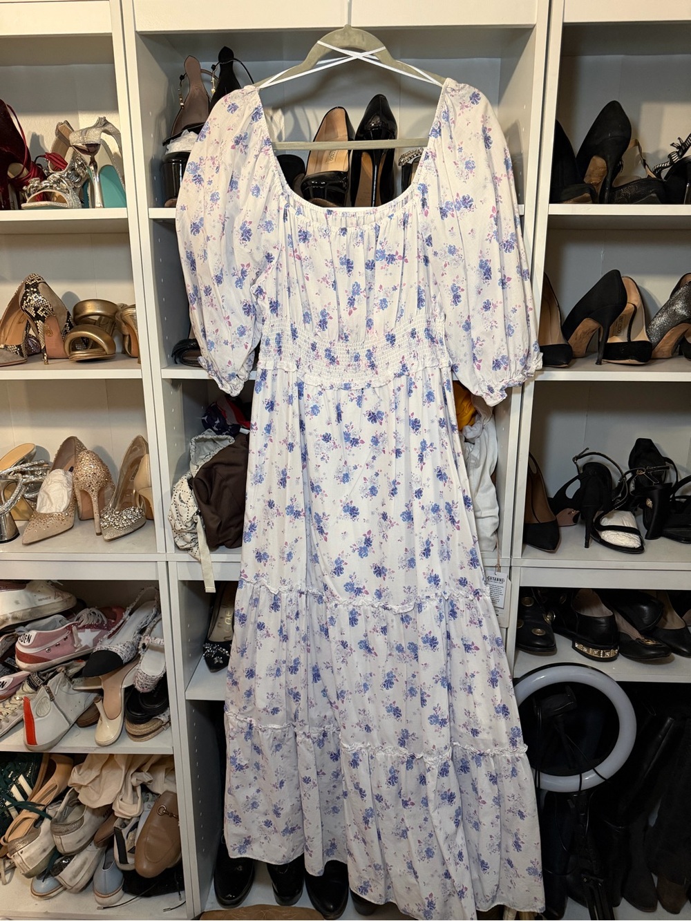 LoveShackFancy White Maxi Dress with Lavender Floral Print